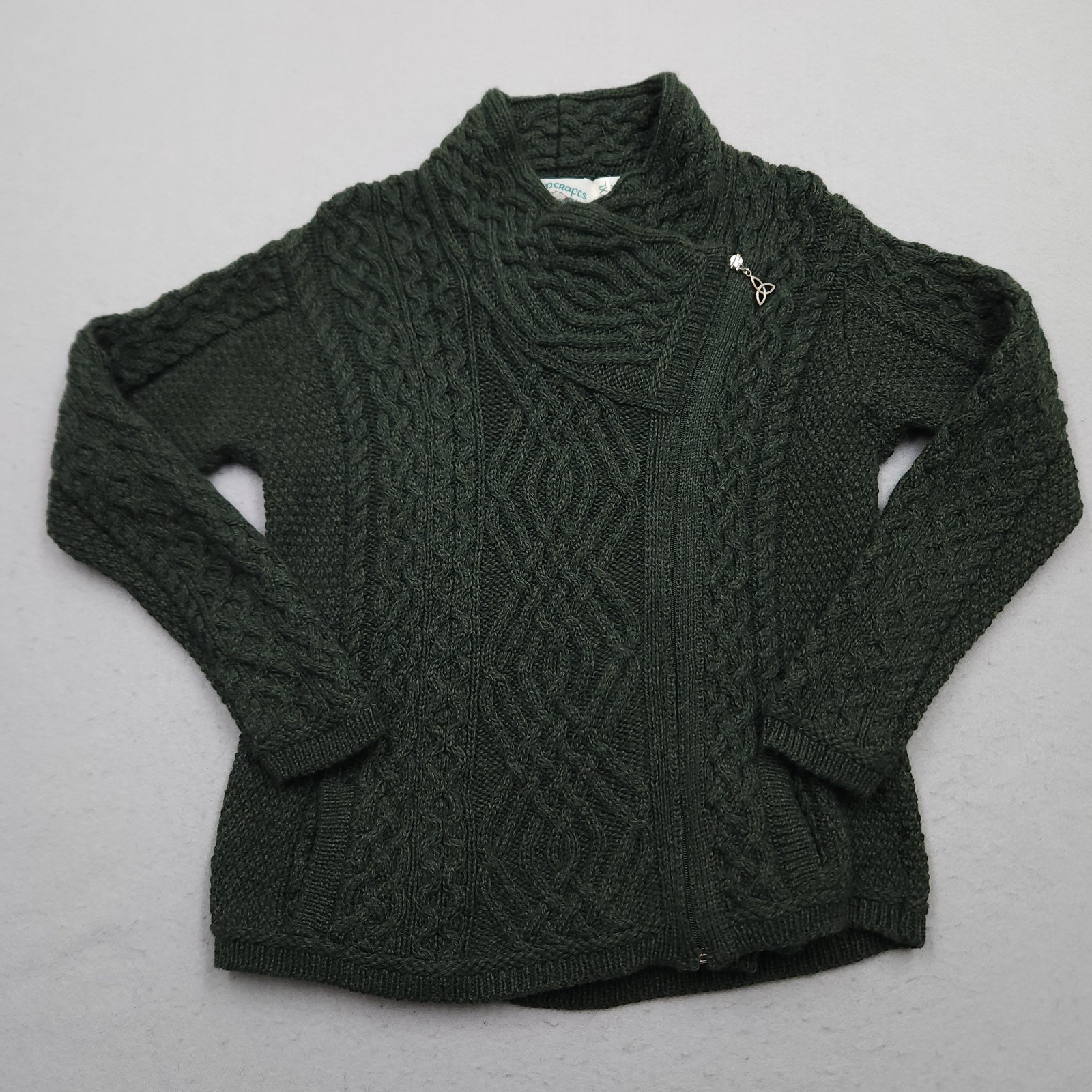 Aran Crafts Sweater Womens XL Green Merino Wool Cable Knit Cardigan Fisherman