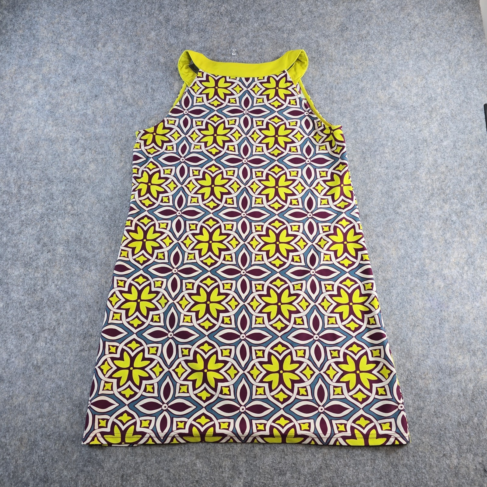 Aryeh Summer Geometric Print Sleeveless Dress Sz M Lime Purple U-Neckline Nylon