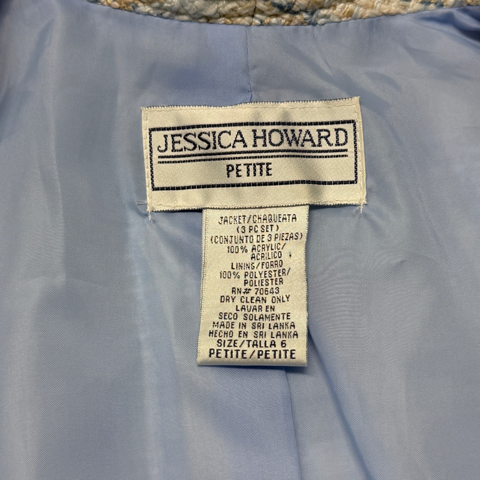 Jessica Howard Petite Blue Cream Tweed Skirt Suit Set Size 6P Bow Trim Vintage