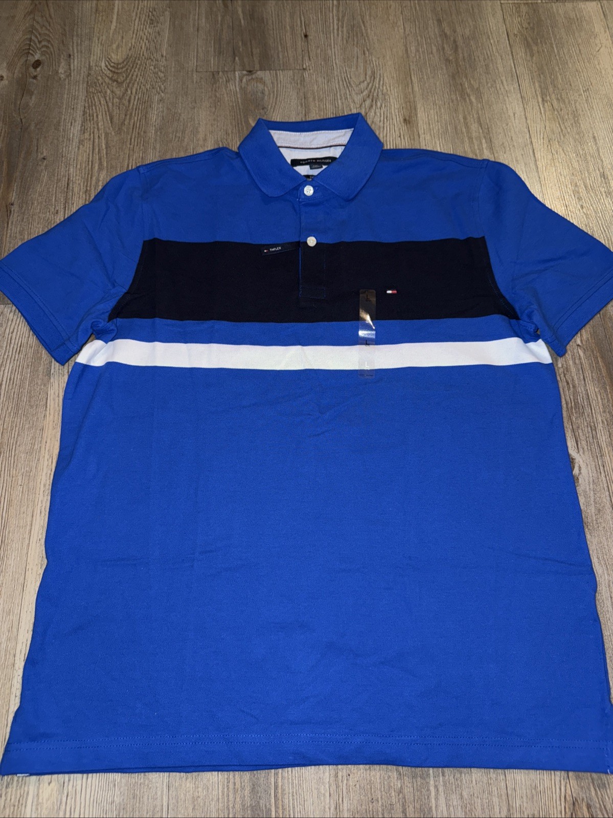 Tommy Hilfiger Polo Shirt Size Large New THFLEX Custom Fit Royal Blue Stripe
