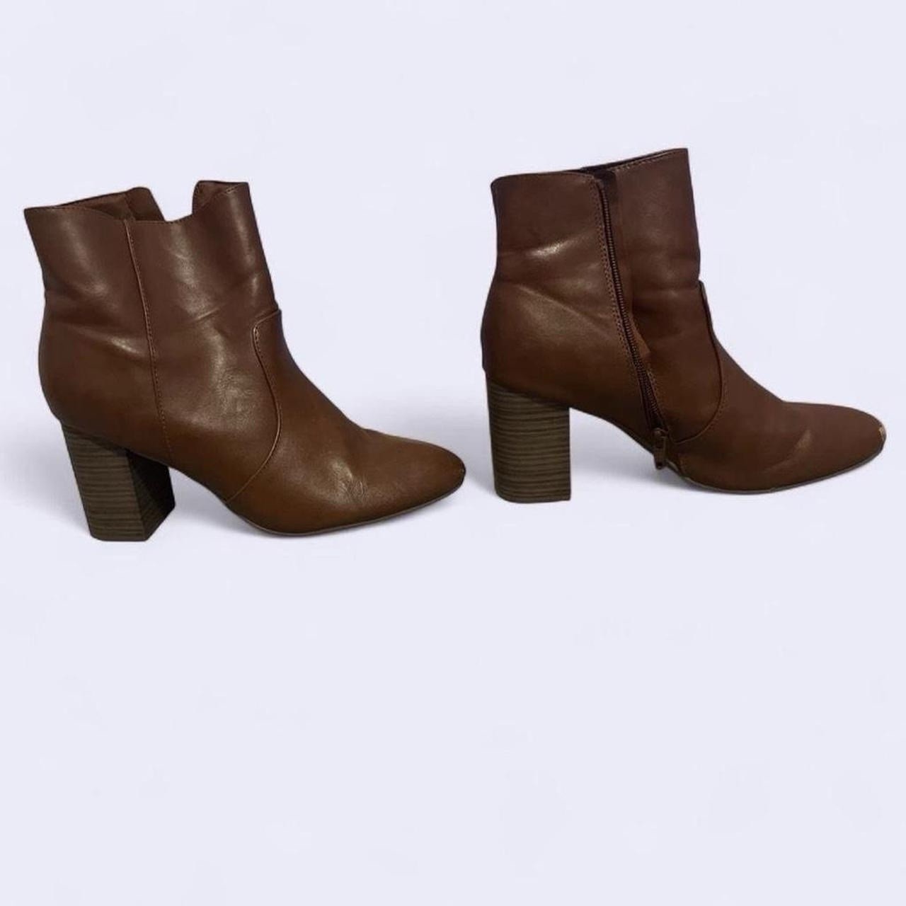 Brown Caramel Booties Block Heel Wood Texture Heel Stylish Ankle Boot Size 9 9.5