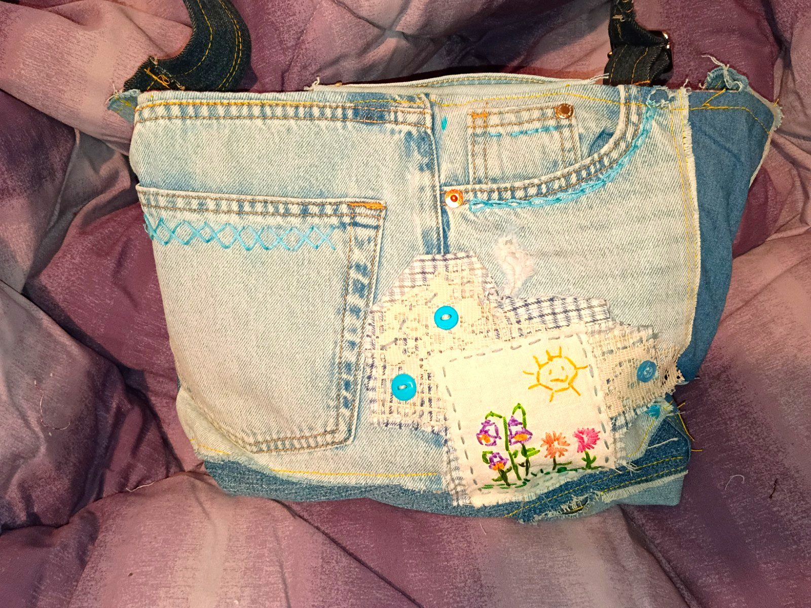 Handmade Denim Shoulder Patchwork Embroidered Lined Pockets Blue