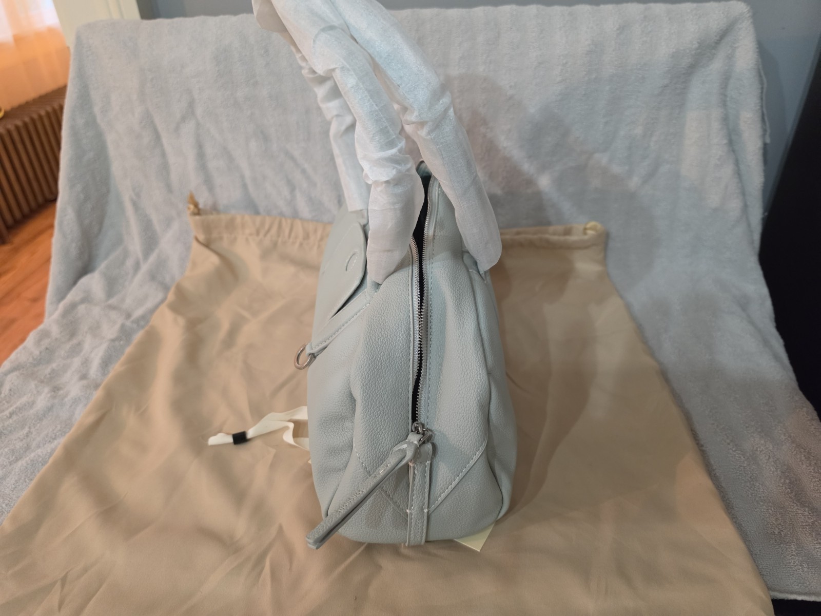 Songmont Light Blue Pebbled Top Handle Satchel Zip Closure, Dust Bag Card