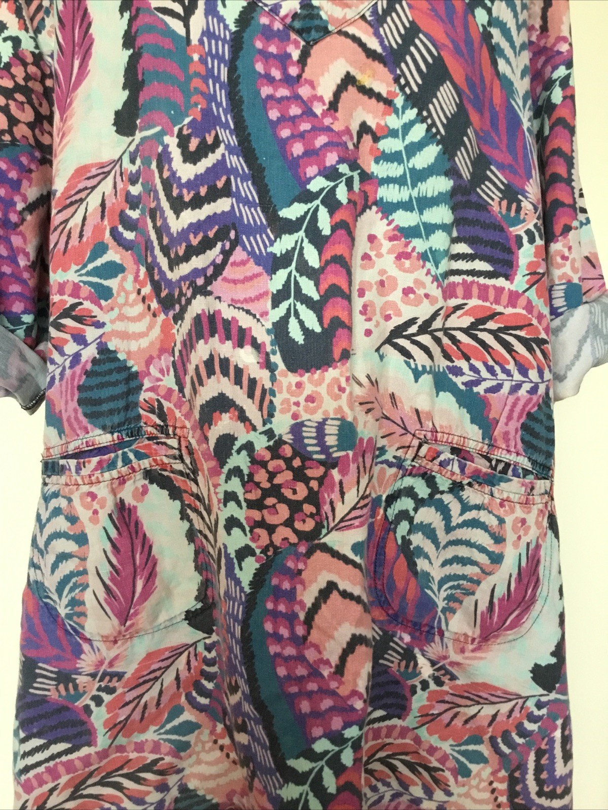 BOX2 UK 18-20 Multicoloured Cotton /Linen Swing Tunic Top With Two Front Pockets