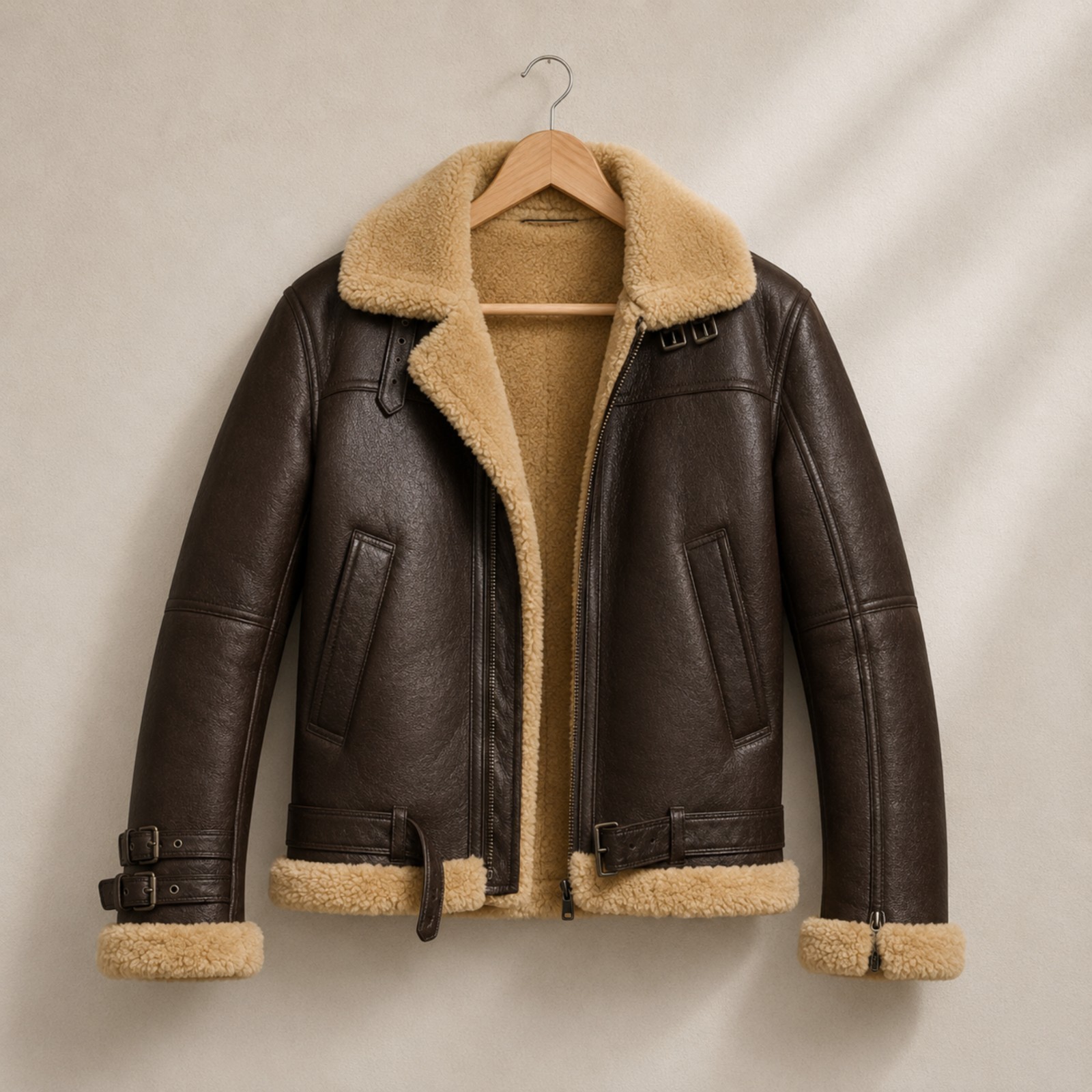 Men’s Brown Shearling Leather Jacket Sheepskin Aviator B3 Bomber Winter Coat