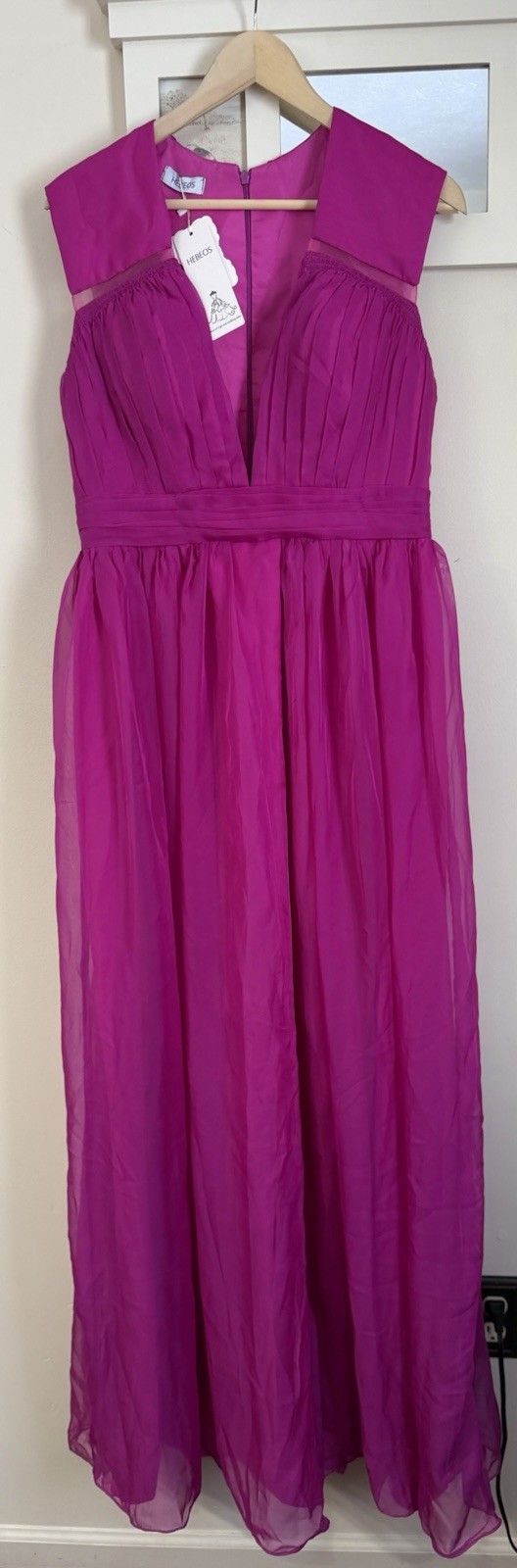 Hebeos Fushia Pink Chiffon Plunging Neckline Gown Maxi Dress NWT S/M Brides Maid