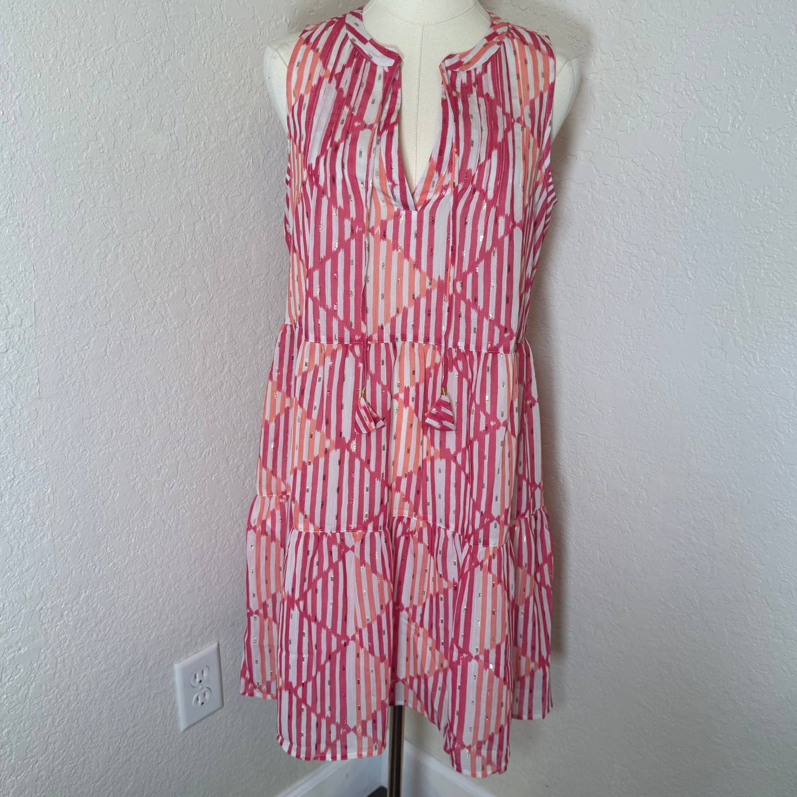 Mini Dress Tommy Bahama Pink Ikat Metallic Tiered NWT Resort Coastal BOHO