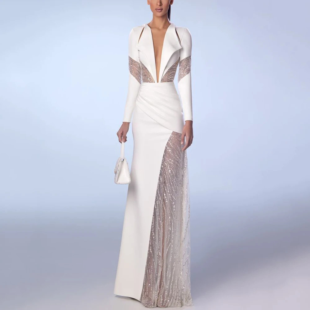 White Women’s Ball Gown Floor Length A-line Sexy Luxury Evening Dress