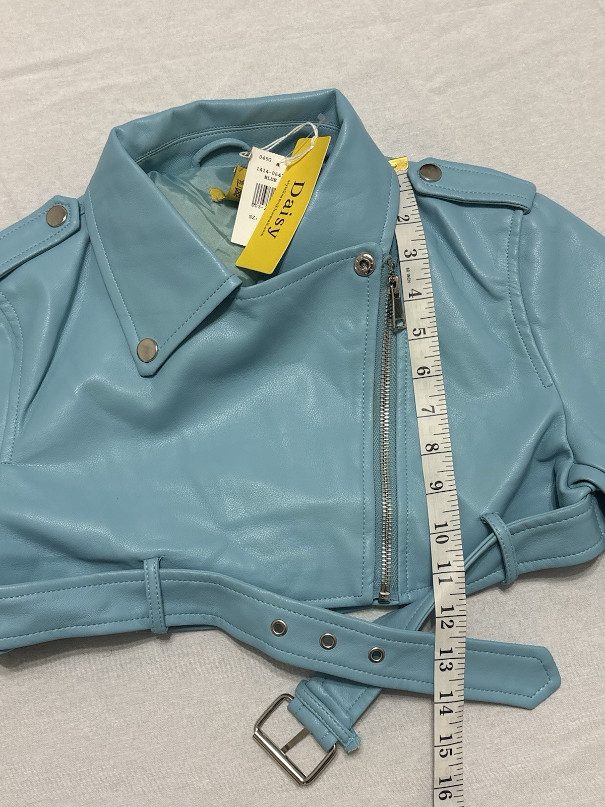 Daisy Blue Cropped Biker Jacket Belted Zipper Epaulette Women’s Size S F18