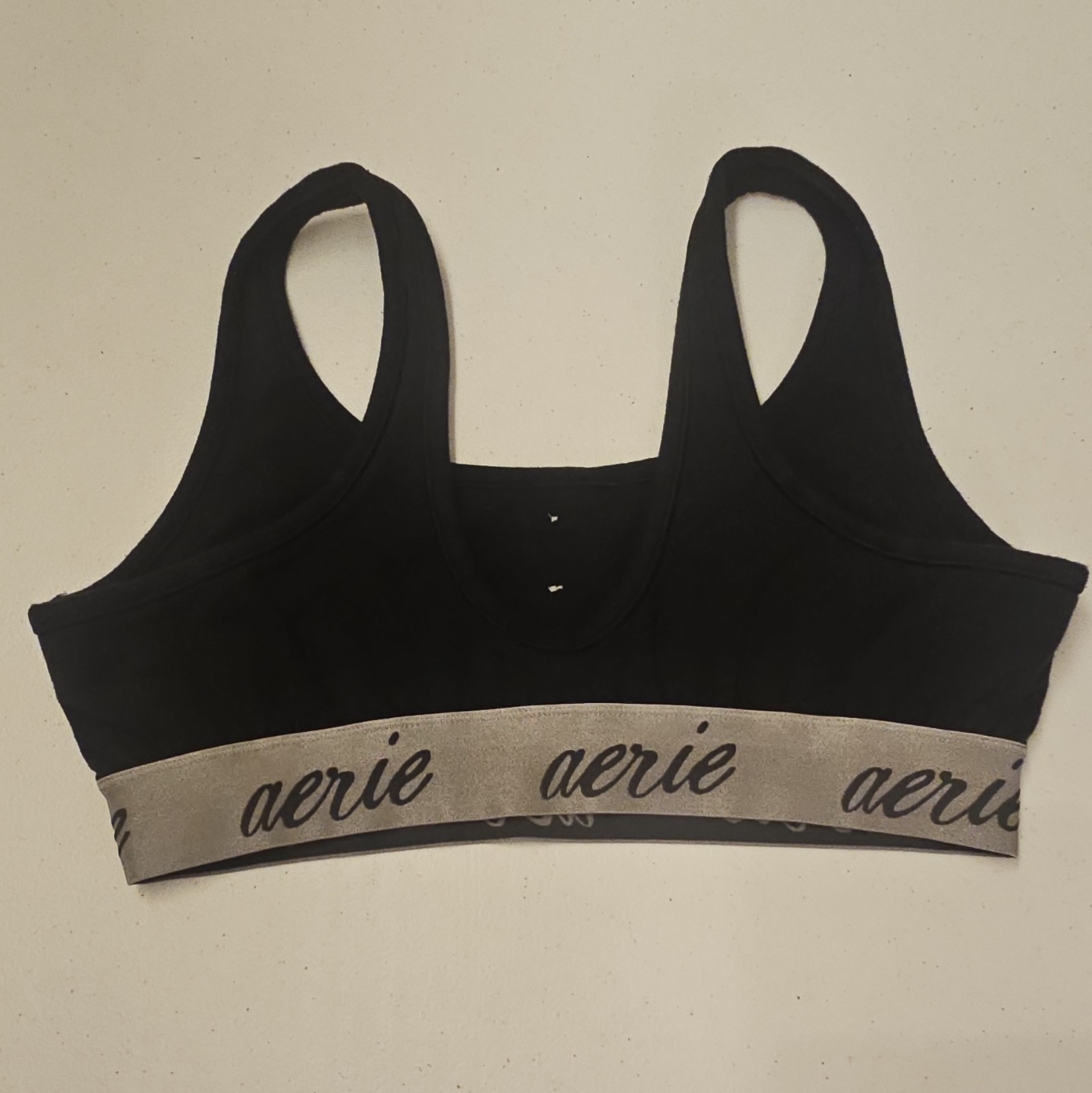 Aerie Black Wireless Pullover Bralette Bra Gray Logo Band Buttons Size S
