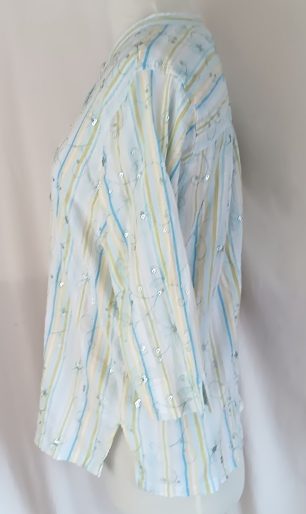 Susan Graver Style Blouse 1X Top Blue Green Pastel Stripe Embellished Sequins