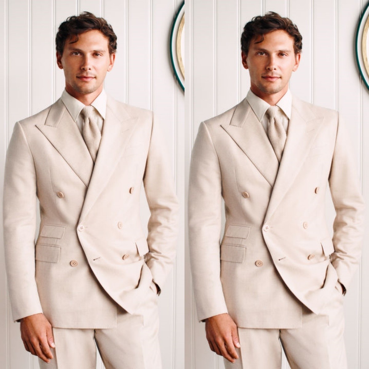 Beige Men’s Suits Formal Tuxedos Double Breasted Prom Jacket Peak Lapel Coat