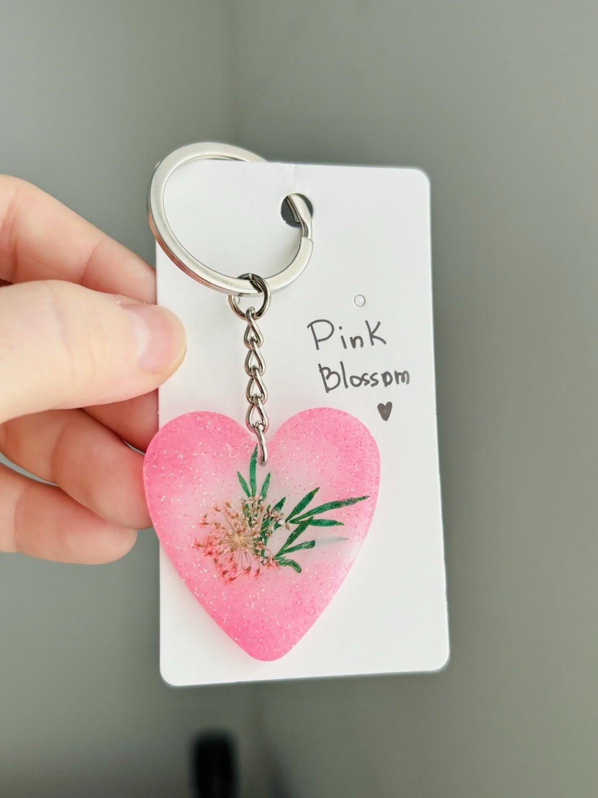 Pink Blossom Resin Heart Keychain Handmade Real Dried Flower Botanical Charm