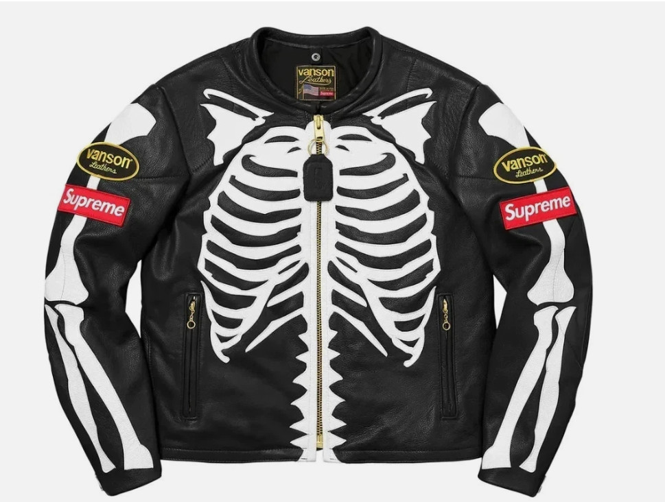 Men’s Black Skeleton Bones Genuine Cowhide Leather Biker Racing Jacket