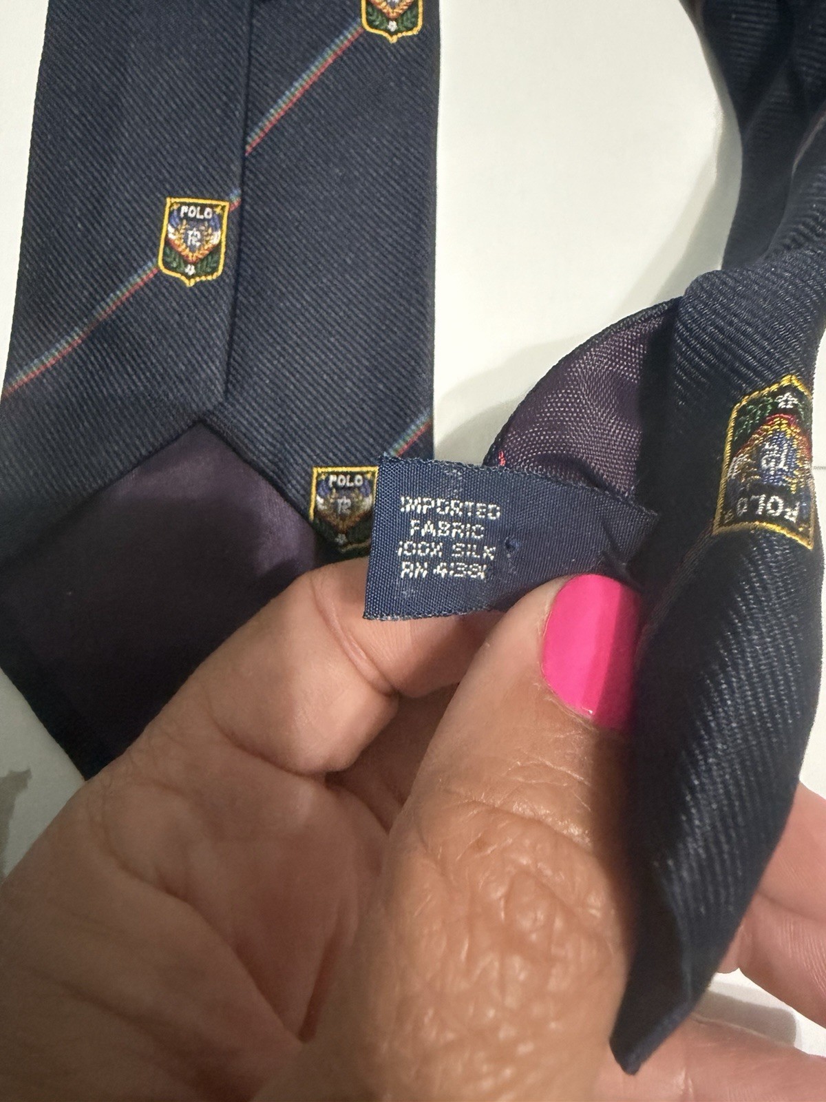 Polo Ralph Lauren Silk Woven made by hand Men’s Tie Navy Striped Crest 55″, 3″