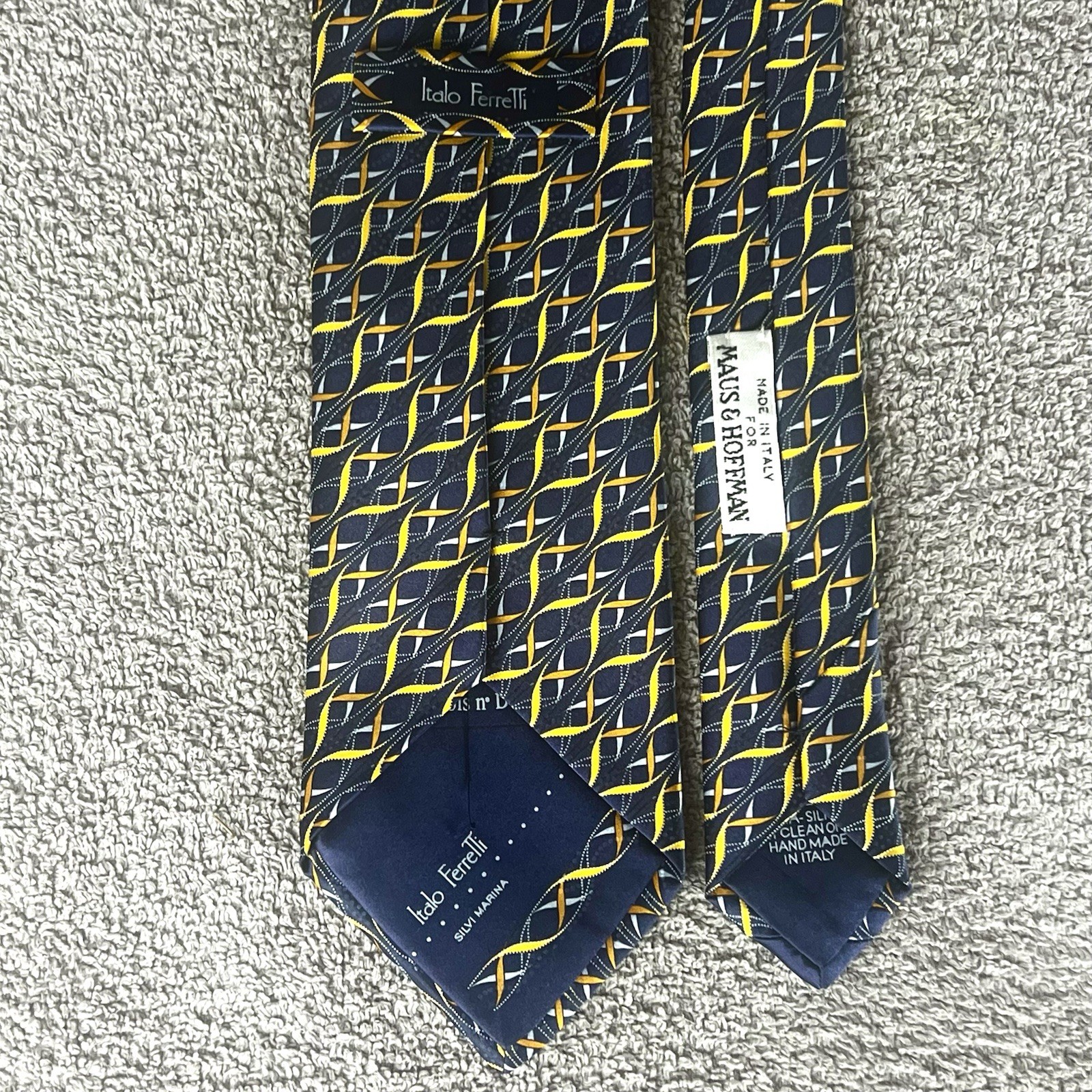 Italo Ferretti Italy Maus & Hoffman Navy, Blue, Gold, Copper Silk Tie 64” Long