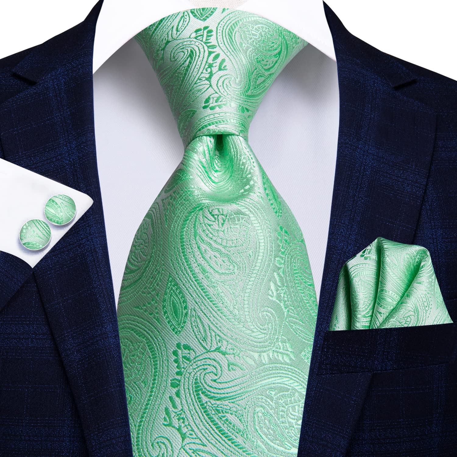Hi-Tie Men 63inches Tie Set Extra Long Necktie Paisley Tie Pocket Suqare Cufflin