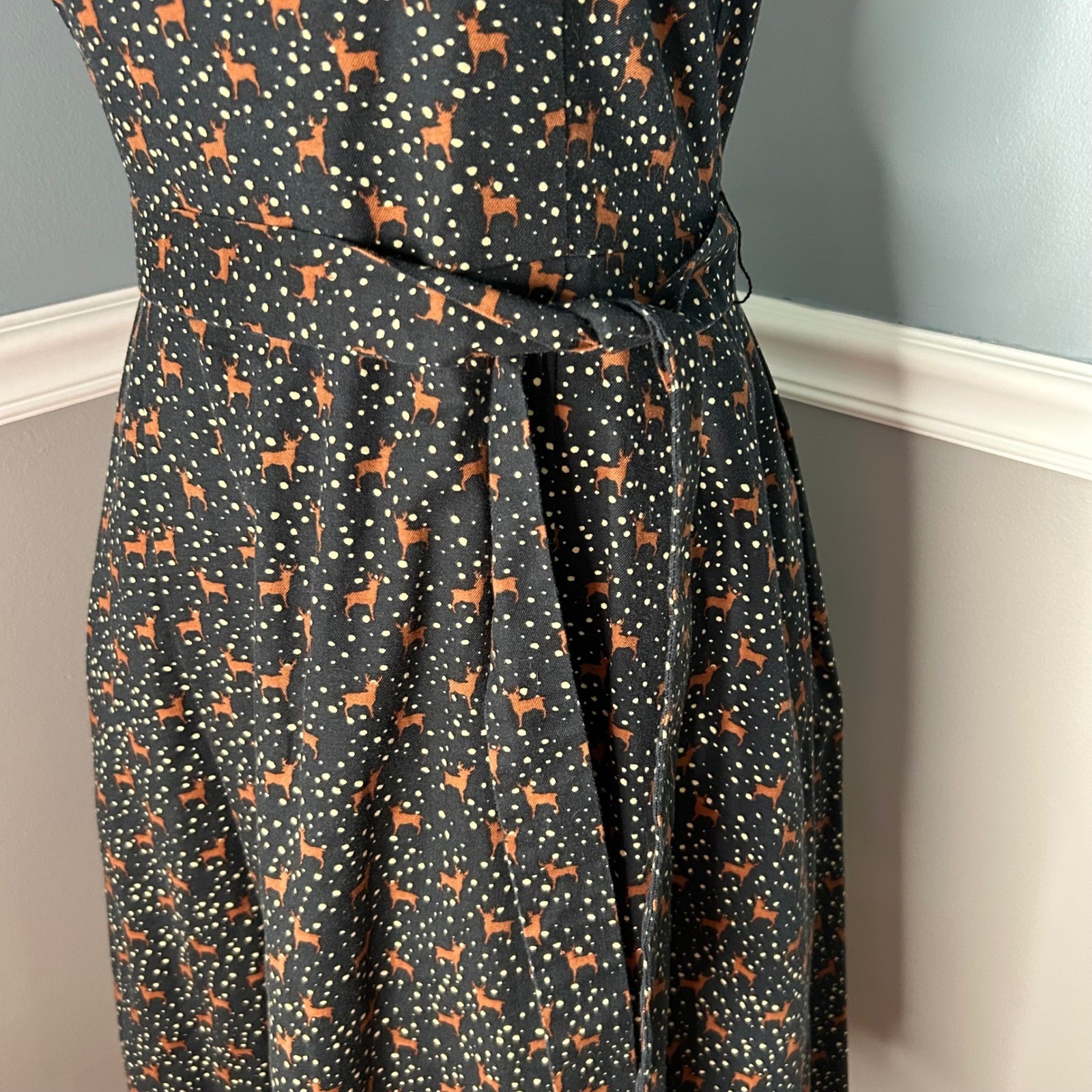 LL Bean Signature Deer Print Fit & Flare Dress Black Sleeveless Size 6 502993