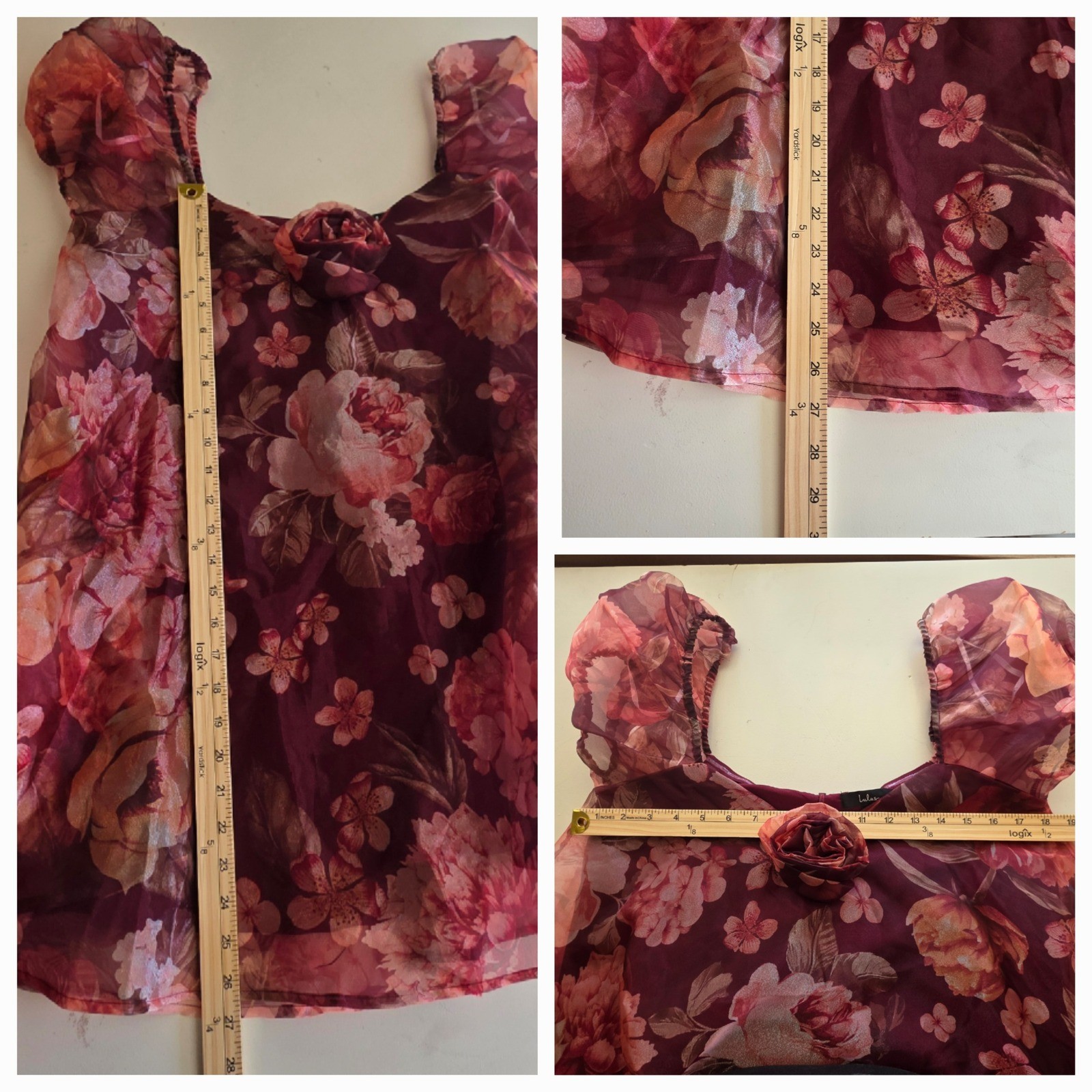 Lulus Mini Dress NWT Burgundy Wine Red Floral Rose Organza Babydoll Medium