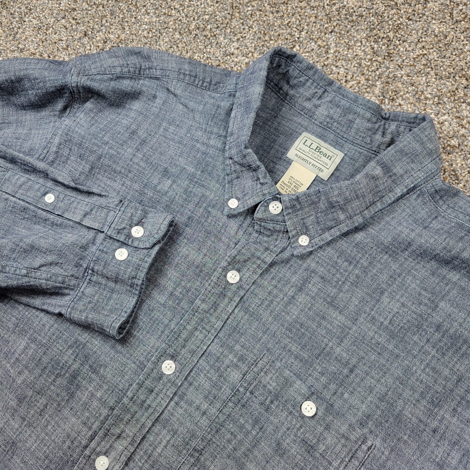 LL Bean Chambray Shirt Mens 2XL Blue Long Sleeve Pocket Slightly Fitted Stretch