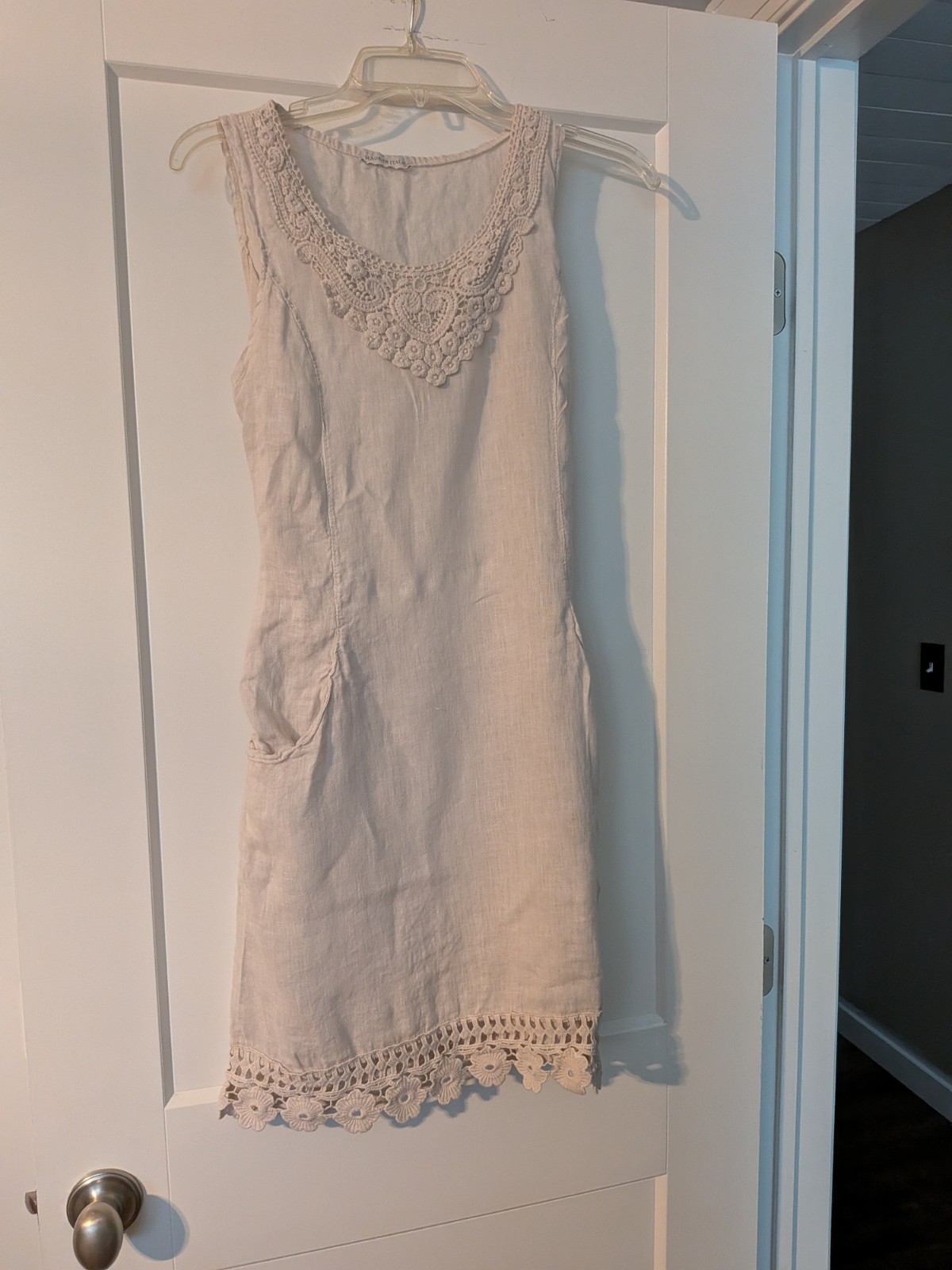 Made in Italy Flax Linen Sleeveless Scoop Neck Shift Dress Crochet Size S