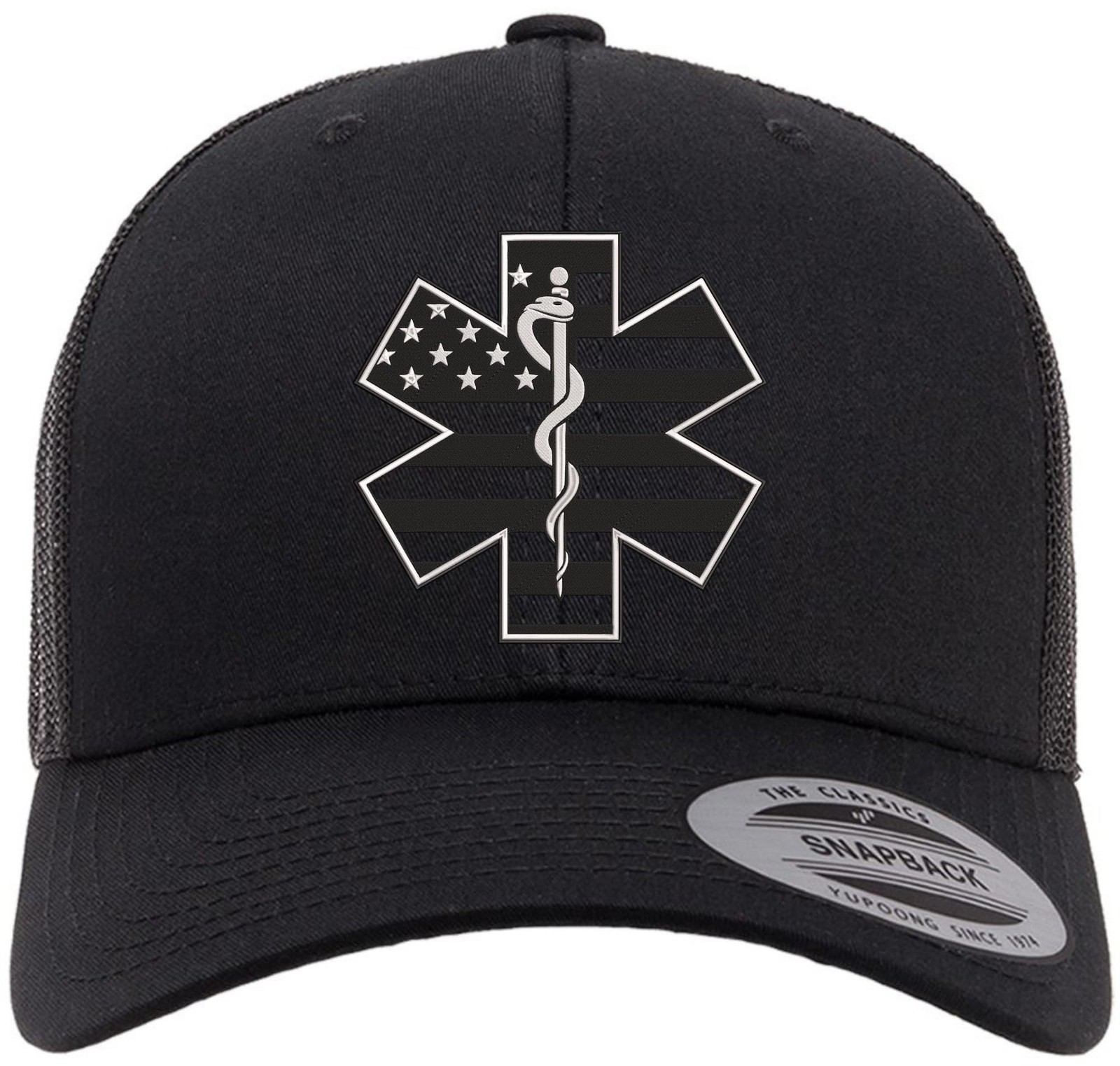 Star of Life EMS Hat USA Flag Embroidered Trucker Cap, US EMT AMBU Paramedic Hat