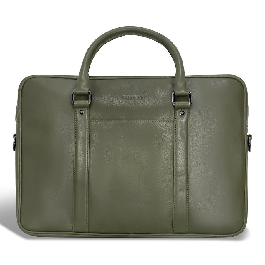 New Champs Onyx Leather Slim Laptop Briefcase Green Bag