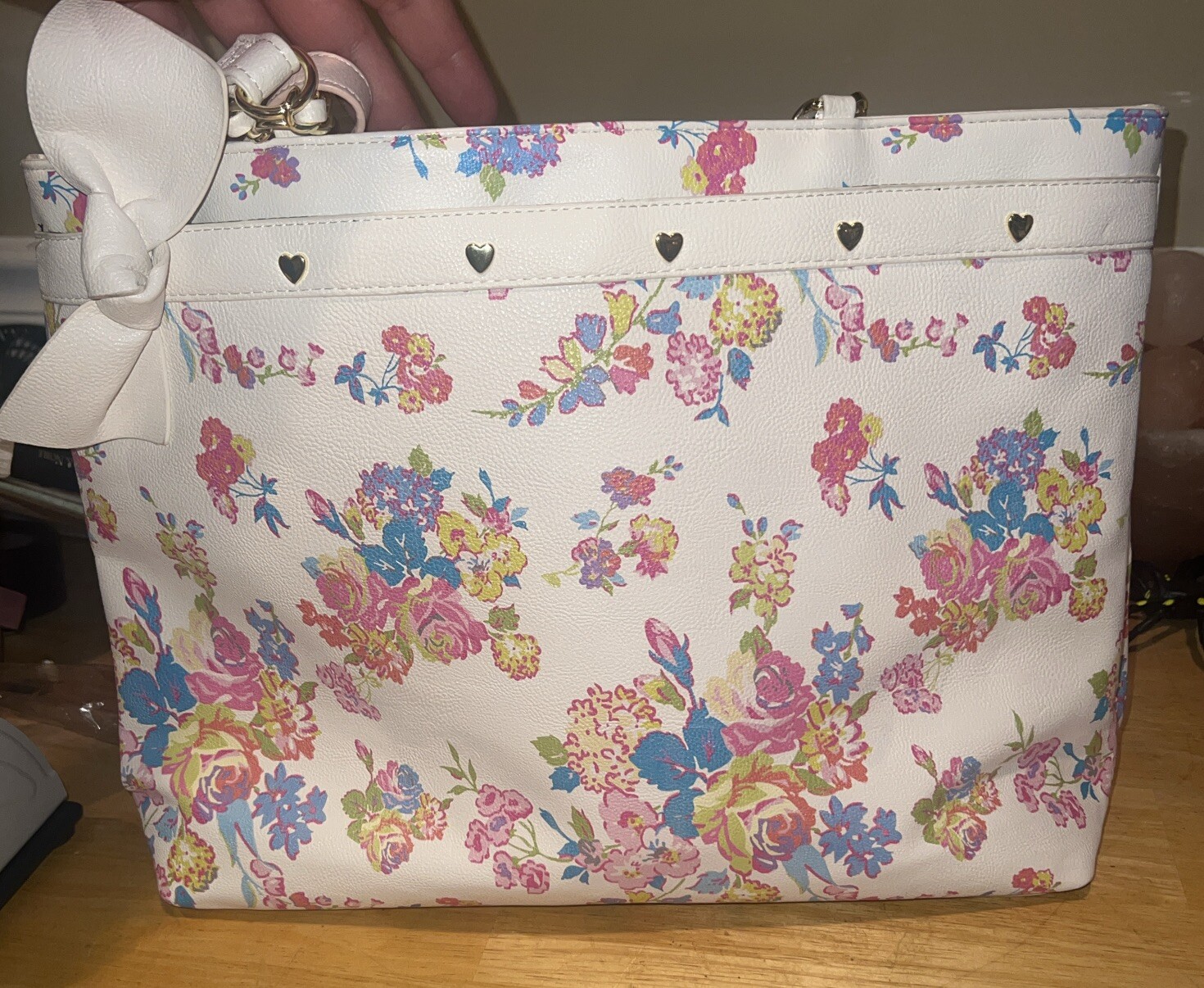 Betsey Johnson Tote Handbag Bakery Floral Big Bow Chain Strap Accent Logo Spring