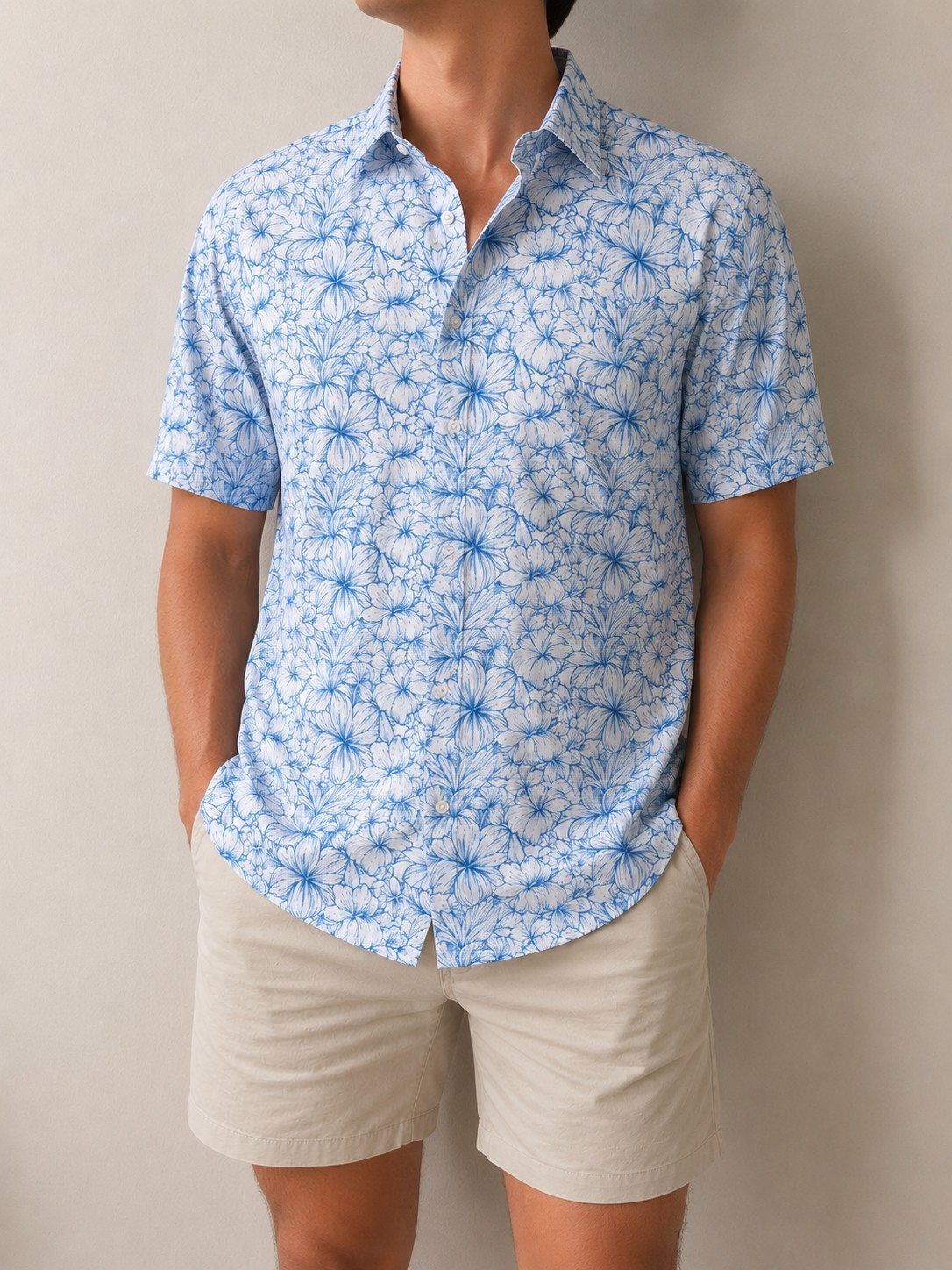Cremieux Men’s L Tropical Floral Button Front Shirt White Blue Short Sleeve