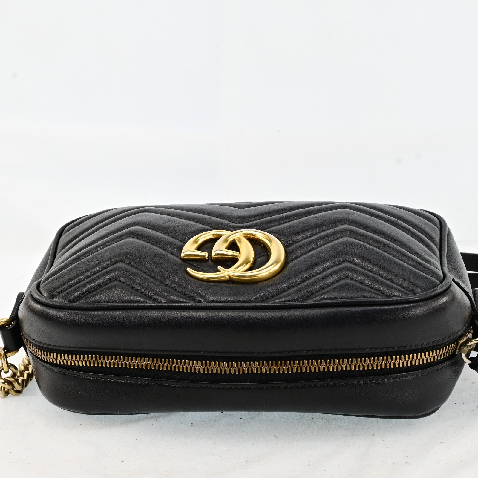 Auth GUCCI GG Marmont Chain Shoulder Cross Bag Leather 447632 Black F1594SG708