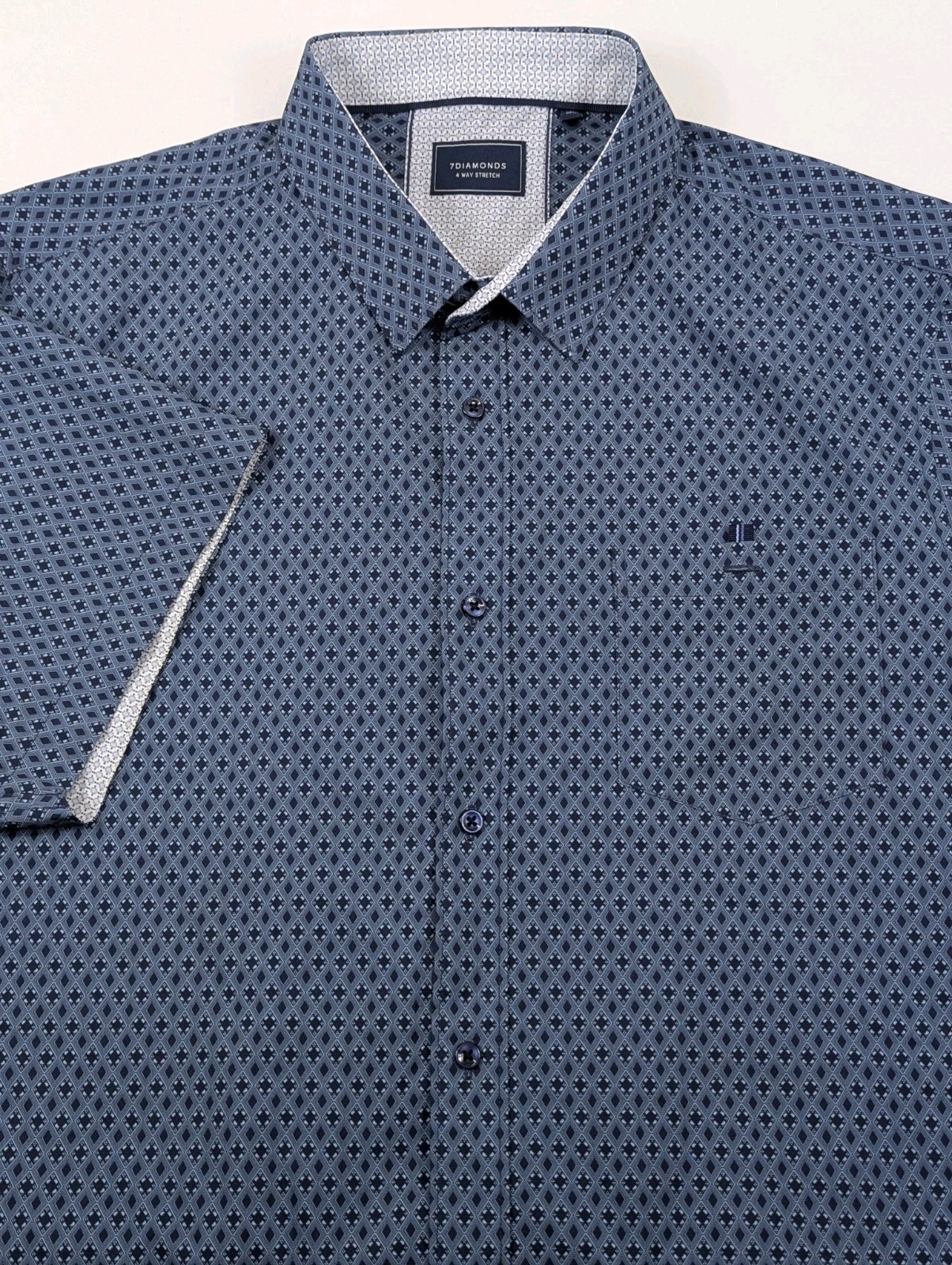 7 Diamonds 4 Way Stretch Shirt Mens 2XL Geometric Blue Button Up Short Sleeve