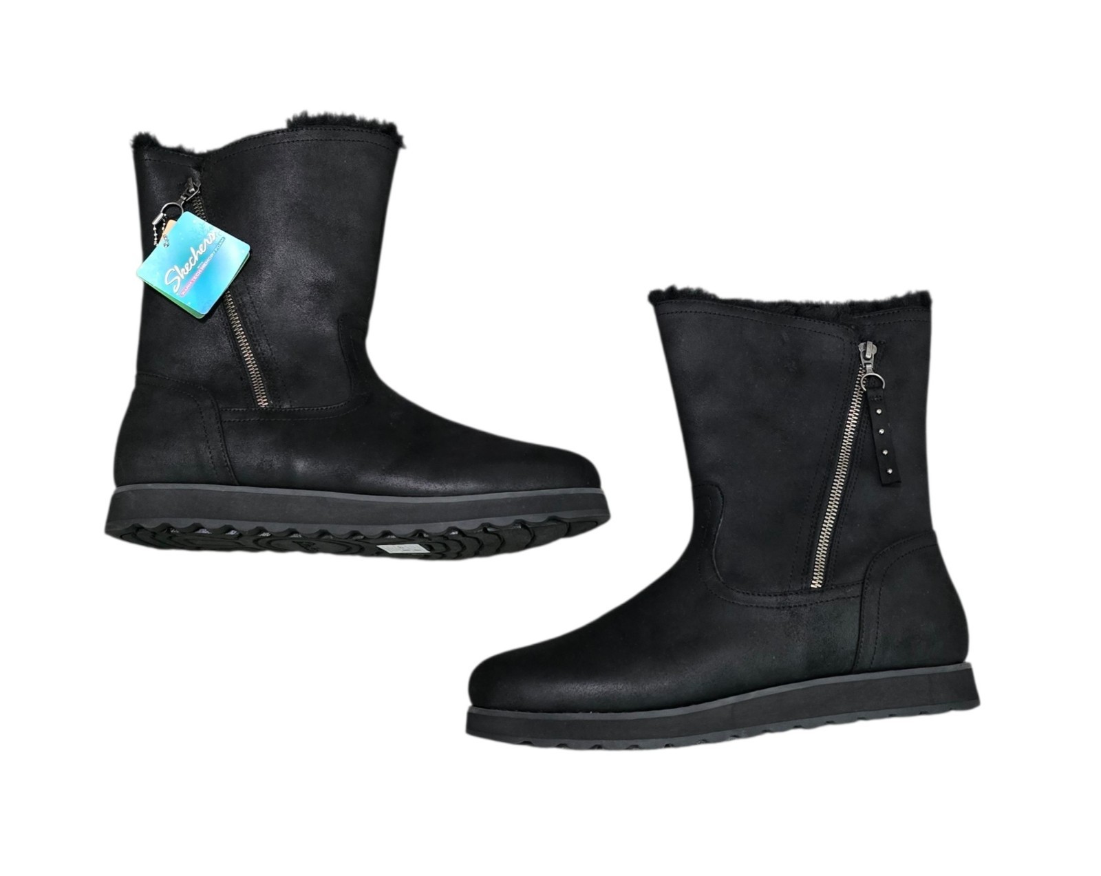 Skechers Keepsake Boots Womens Size 11 Black Faux Leather Faux Fur Side Zip