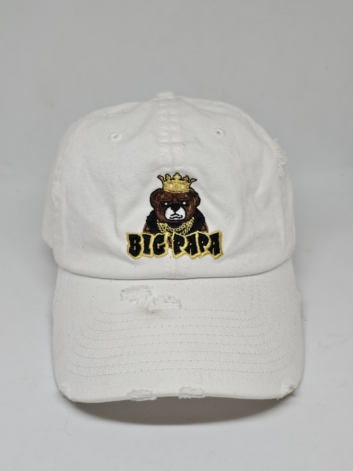 KBETHOS King Papa Bear Distressed 6 Panel Hat White Distressed