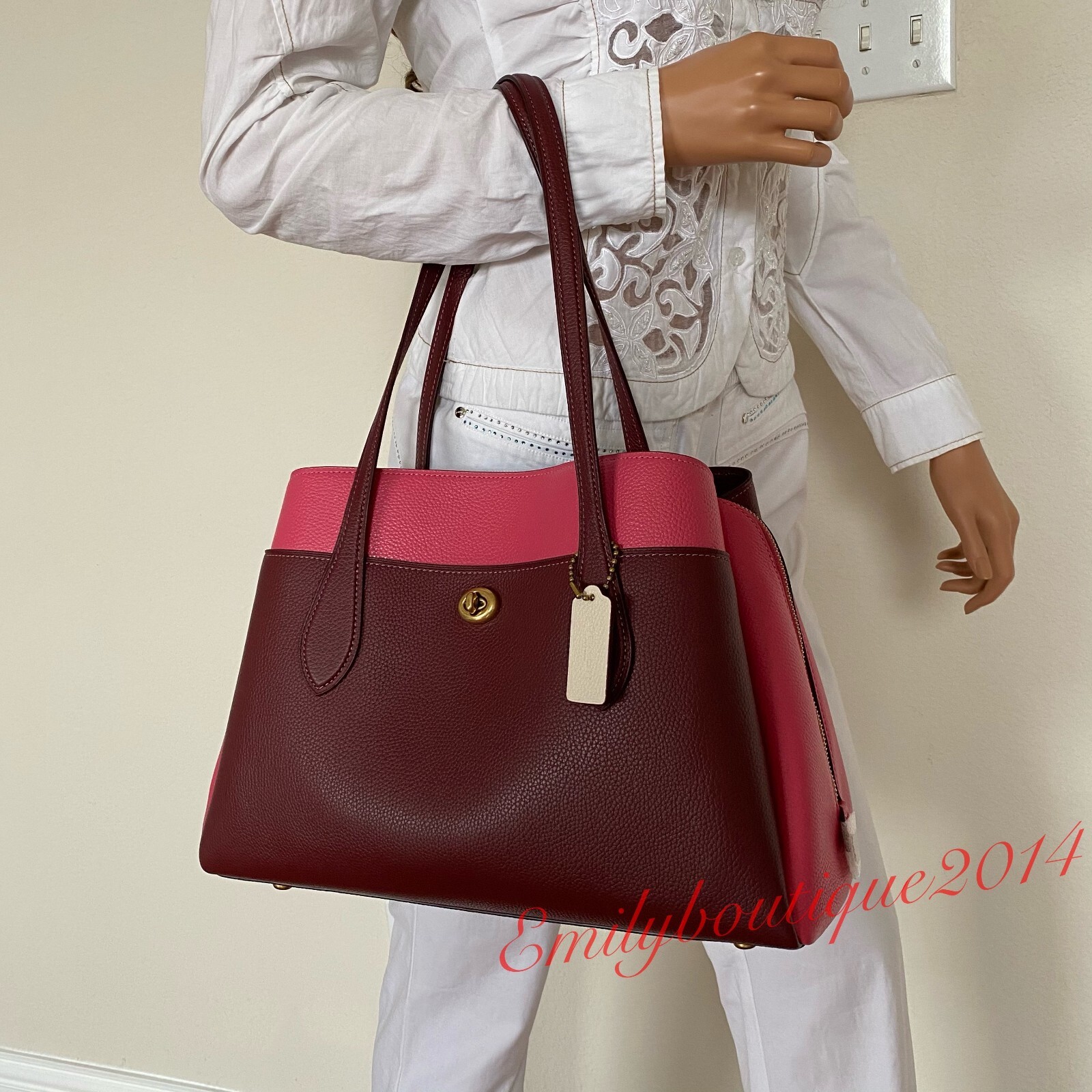 NWT Coach 654 Lora Carryall In Colorblock Wine Pink Pebble Leather Shoulder Bag