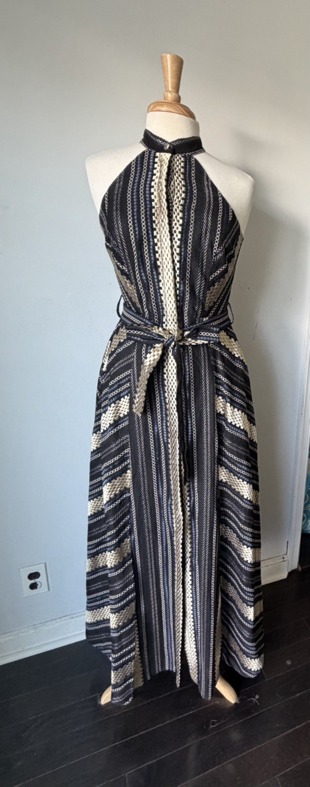 Lace The Label Black gold jacquard sleeveless halter neck Dress Long With Belt
