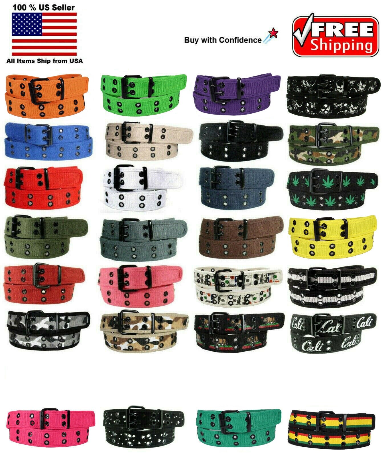 Men Women 1 Hole, 2 Holes Row Grommet Stitched Canvas Fabric Military Web Belt