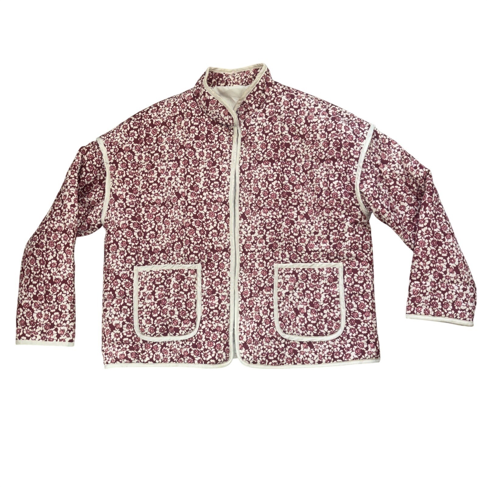 Quilted Floral Jacket Burgundy Cream Mock Neck Boxy Pockets Hook Eye Closure