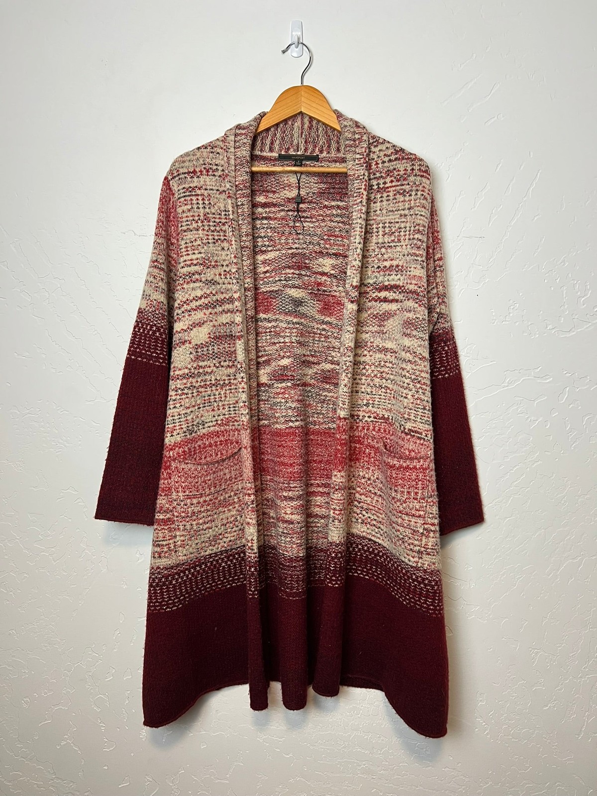 Maxsport Marled Knit Duster Cardigan Long Open Front Burgundy Cream Womens M/L