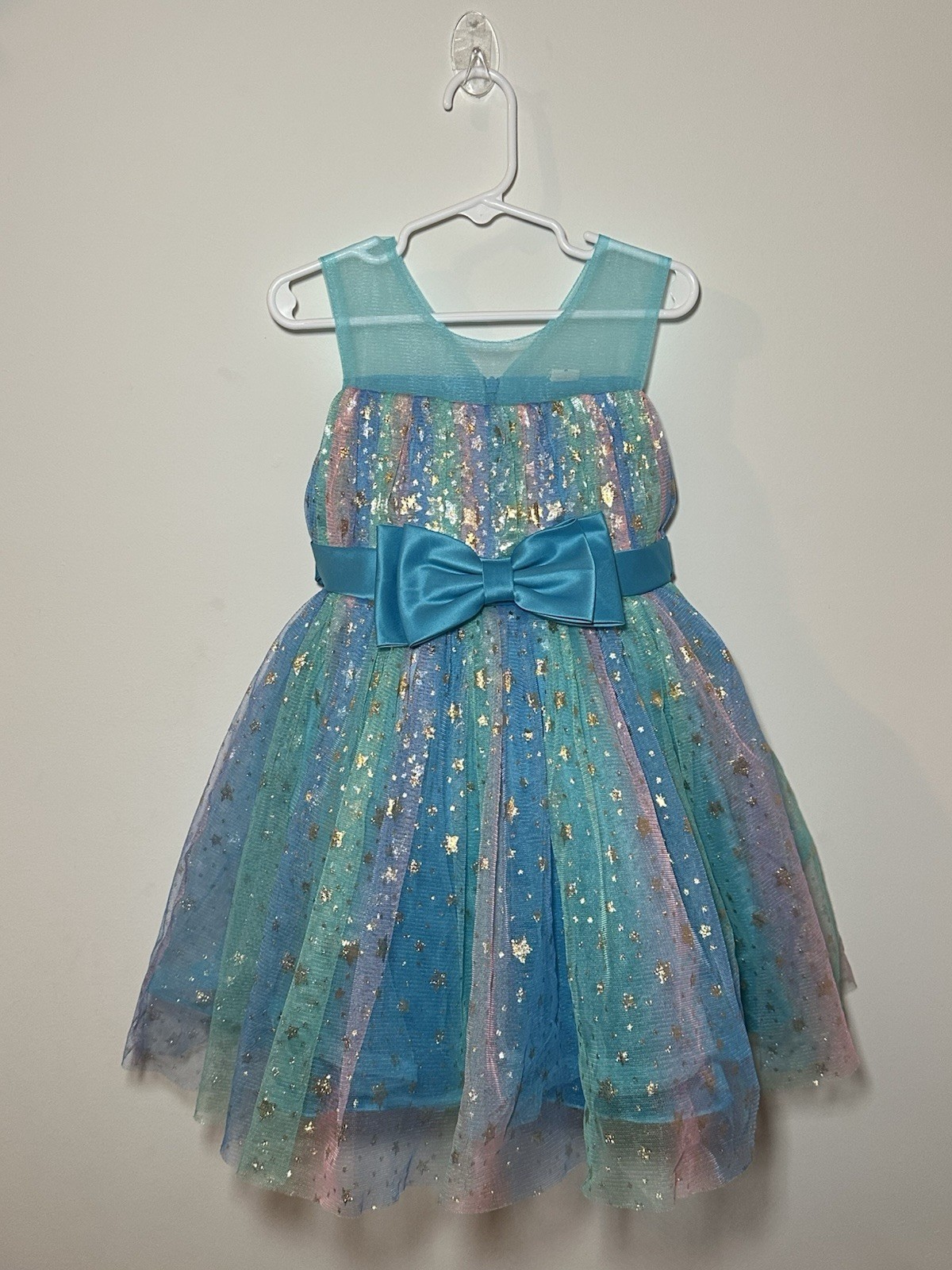 5T/5Y Elegant Sheer Rainbow Tulle Dress With Bows And Gold Stars For Girls