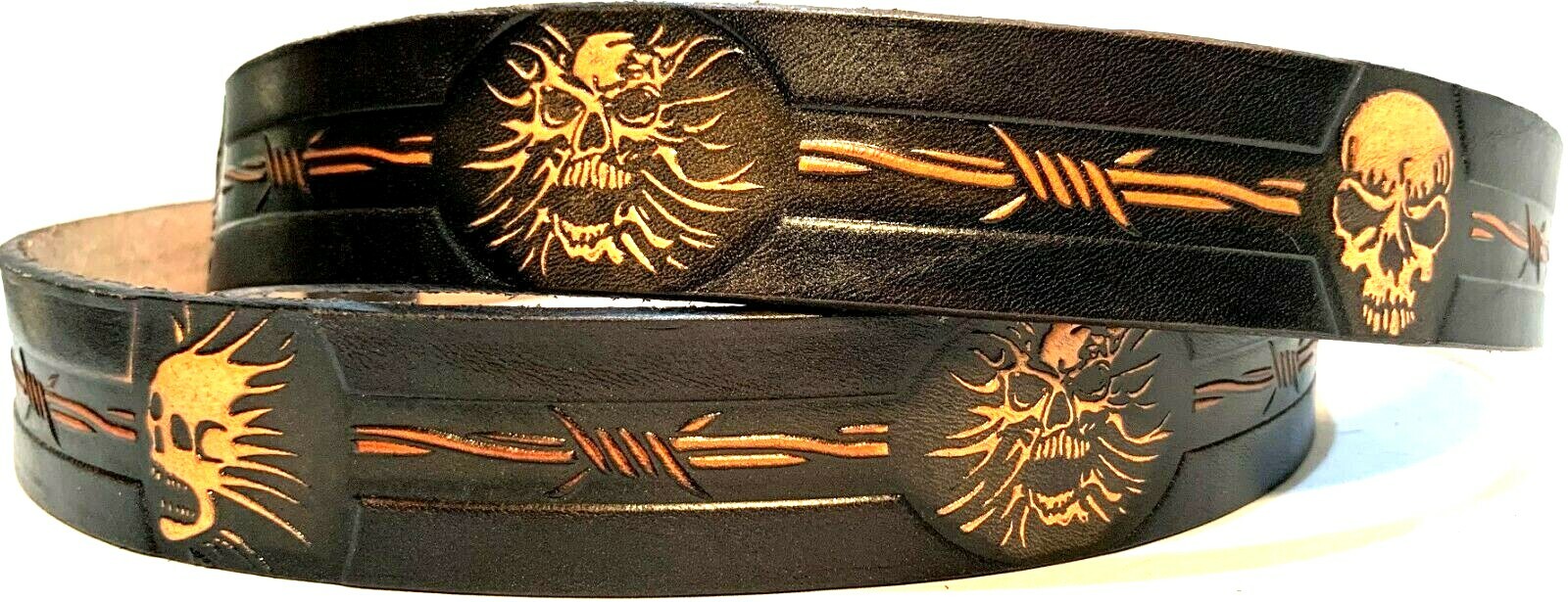 SKULL & BARB WIRE EMBOSSED MOTORCYCLE COWHIDE LEATHER BELT SIZE 26-48 USA MADE