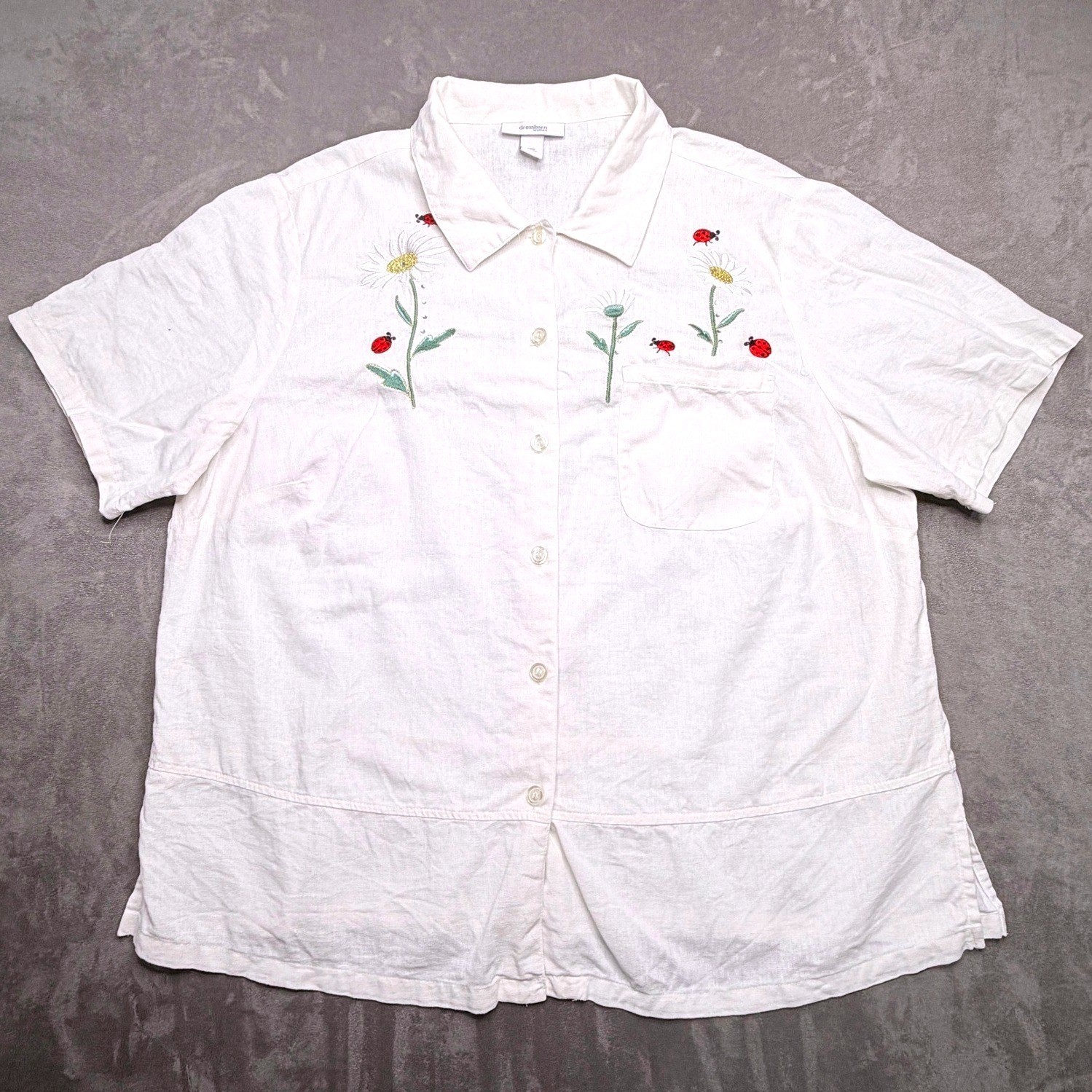 Vtg Dressbarn Button Front Shirt Womens 18 White Linen Embroidered Daisy Ladybug