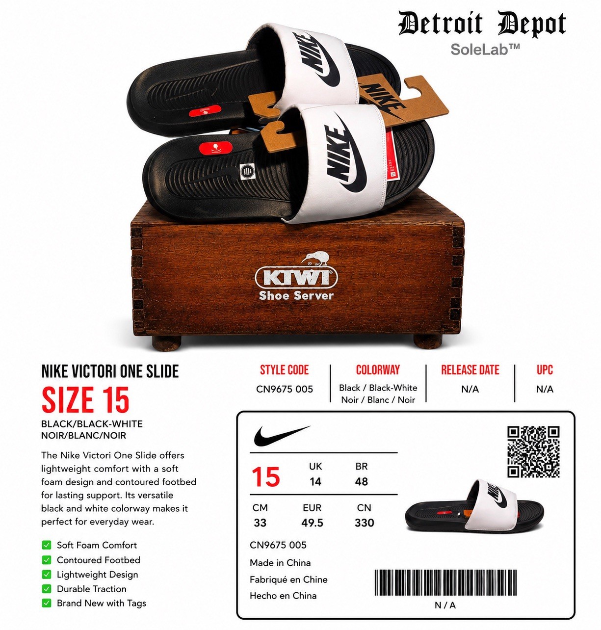 Nike Victori One Slide Black White CN9675-005 Men’s Size 15 New With Tags NWT