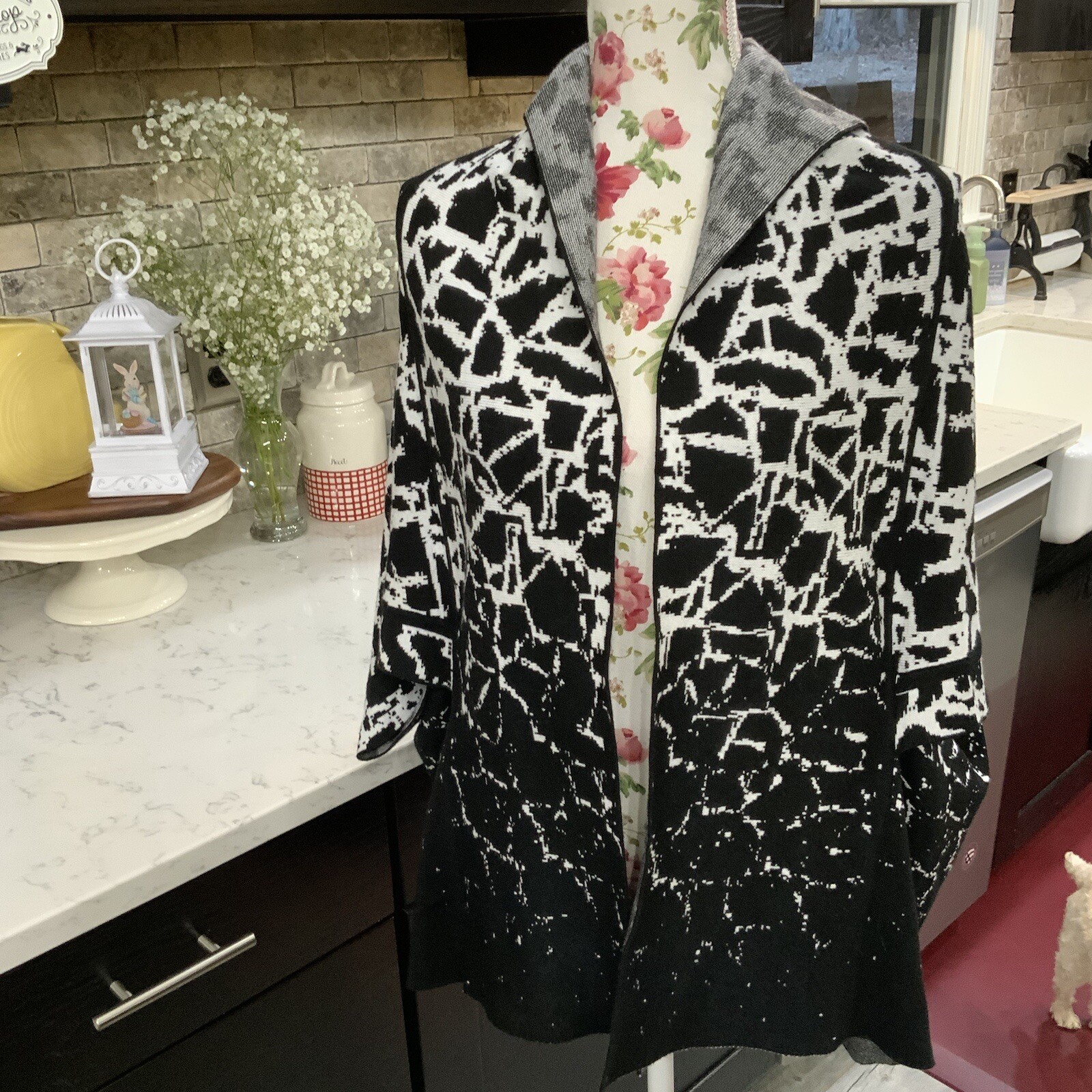 Ming Wang Open Front Relaxed Fit Kimono Cardigan Black White Small Medium New