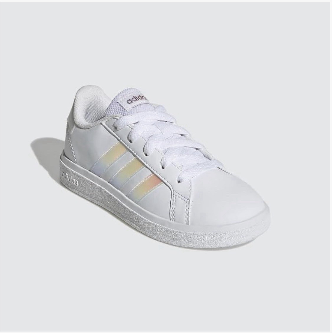 Size 7Y – Adidas Grand Court 2.0 Kids White Iridescent Reflective Logo Sneakers