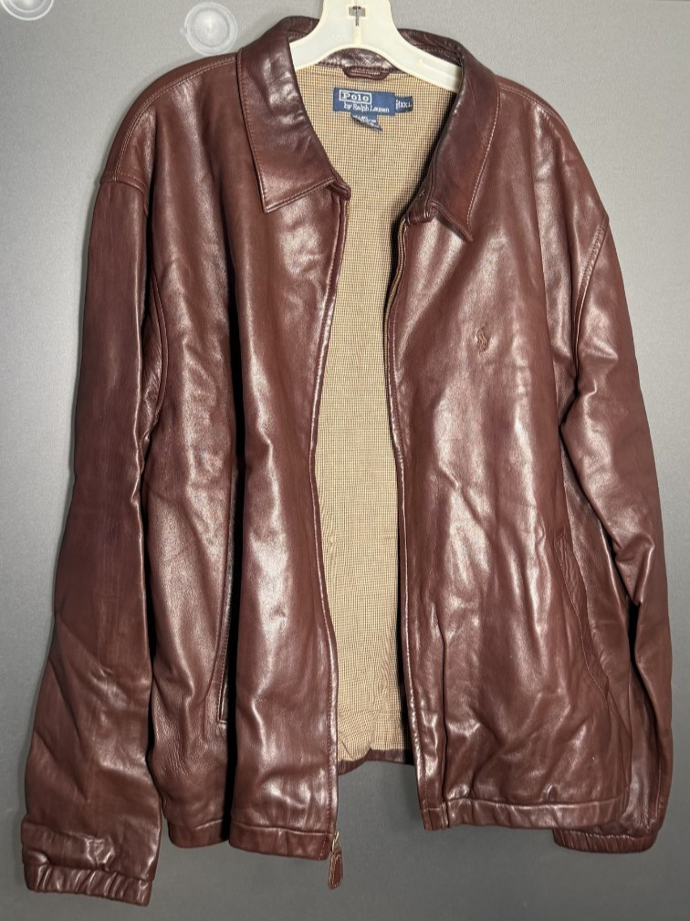Vintage Polo Ralph Lauren Mahogany Leather Bomber Harrington Jacket XXL Plaid