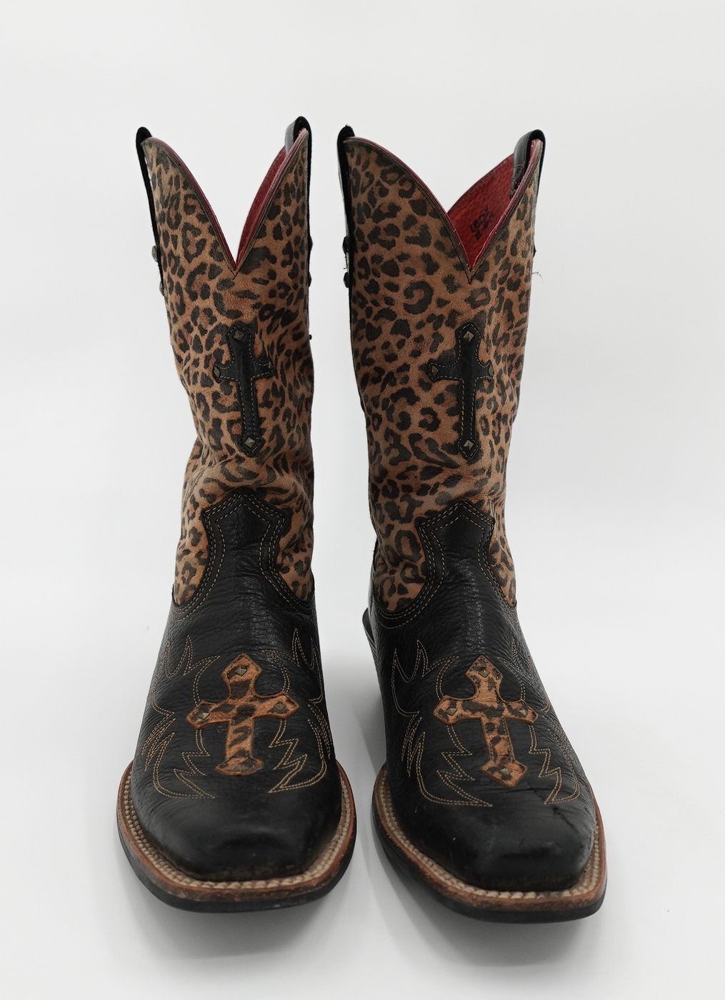 Ariat Cowboy Boots Womens 8.5 Black Leopard Print Leather Western Cross Studded