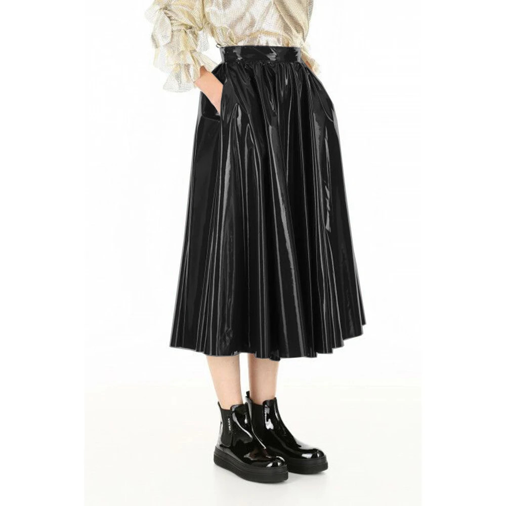 Vinyl PVC Leather Midi Skirts Casual Fashion Female High Waist A-line Skirt