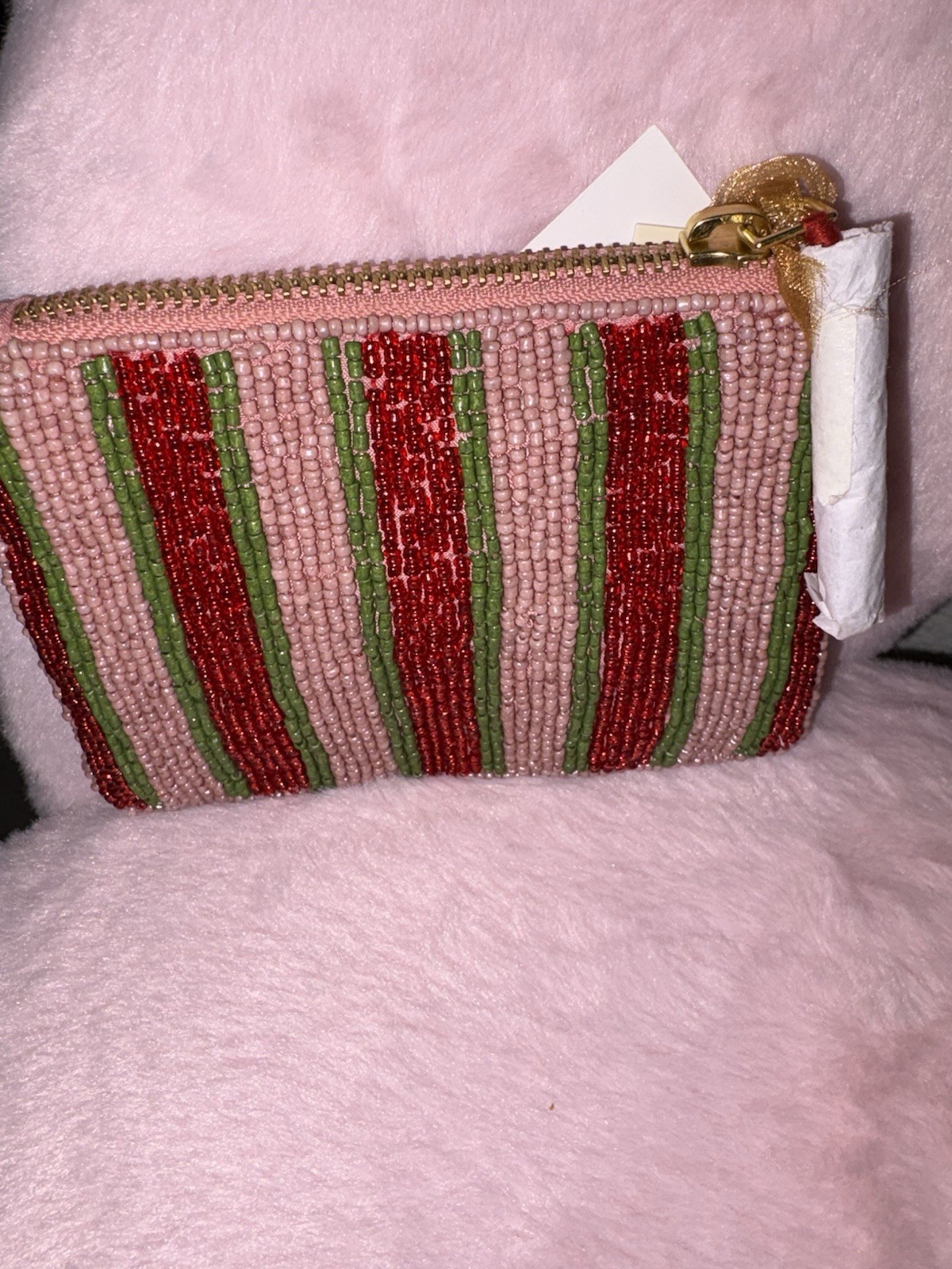 Handmade Pink Beaded Strawberry Striped Zip Coin Wallet Pouch for Women