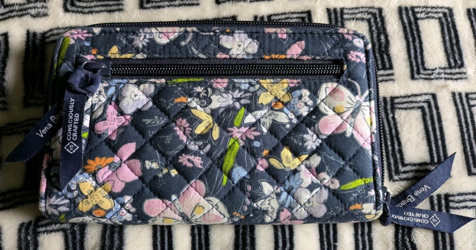 Vera Bradley Turn Lock Zip Wallet, RFID, Midnight Wildflowers Retired Print