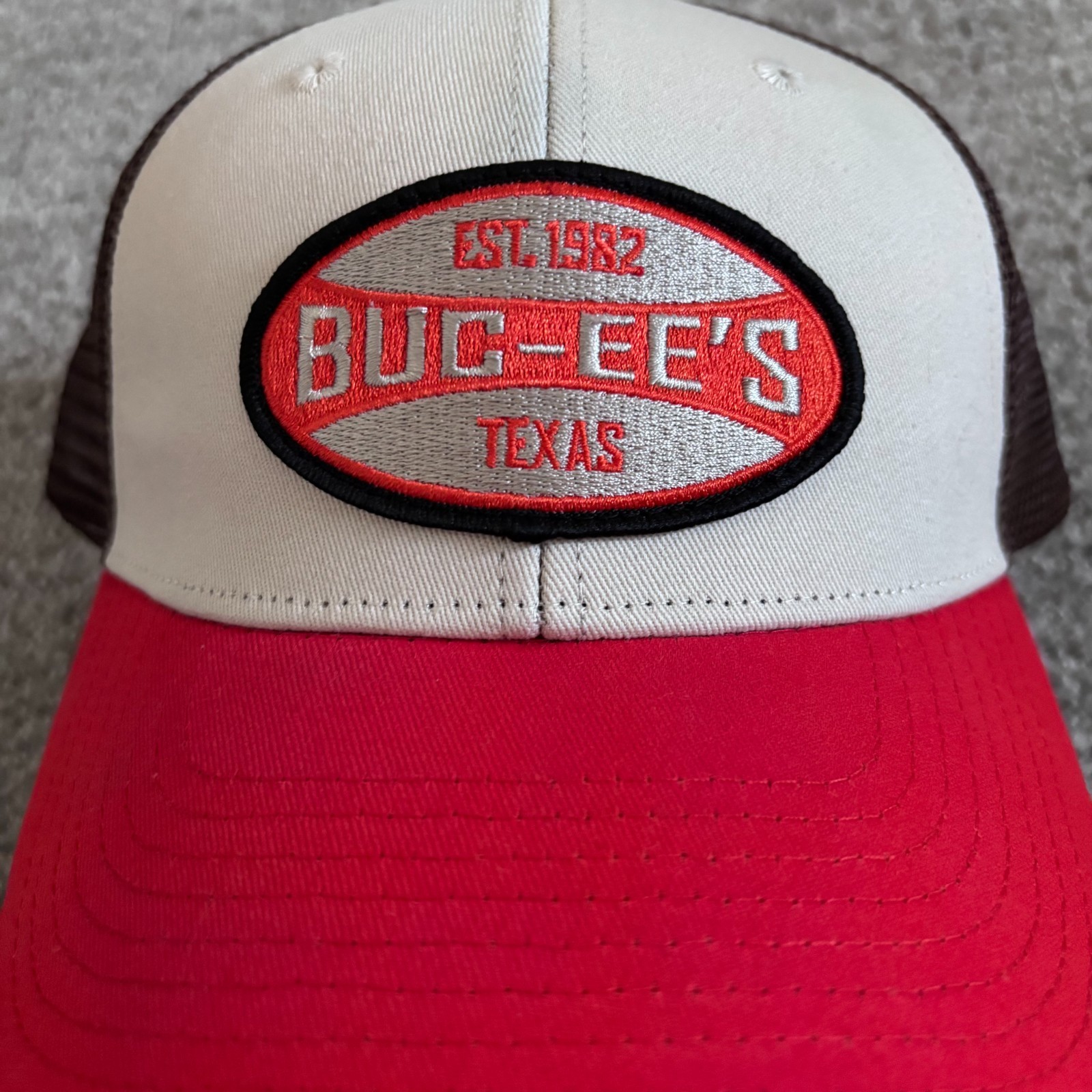 NWT Buc-ees Trucker Hat Cap Est 1982 Texas Red White Brown Mesh Snapback